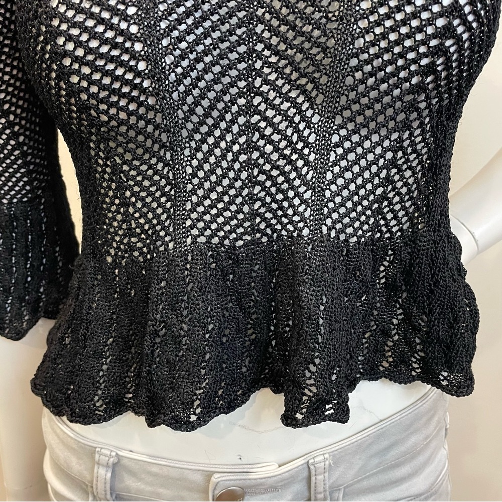 VINTAGE Y2K Water Drop Crochet Cropped Ruffle Sleeve Loose Knit Sweater - Picture 4 of 8